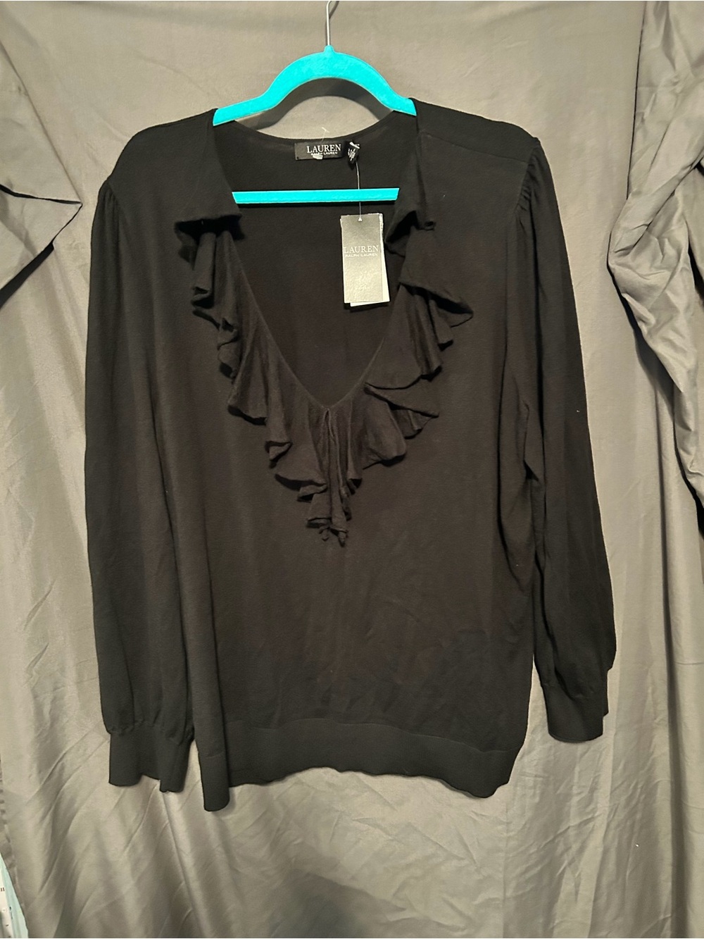 Lauren Ralph Lauren Black Ruffle V-Neck Long Sleeve Top